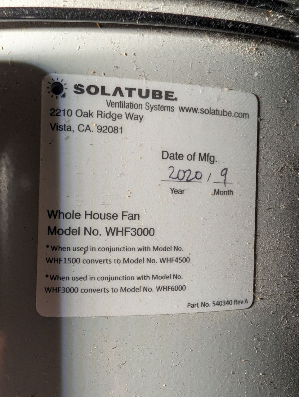 Close-up of the Solatube label showing model WHF3000, mfg date Sep 2020, part no. 540340 Rev A